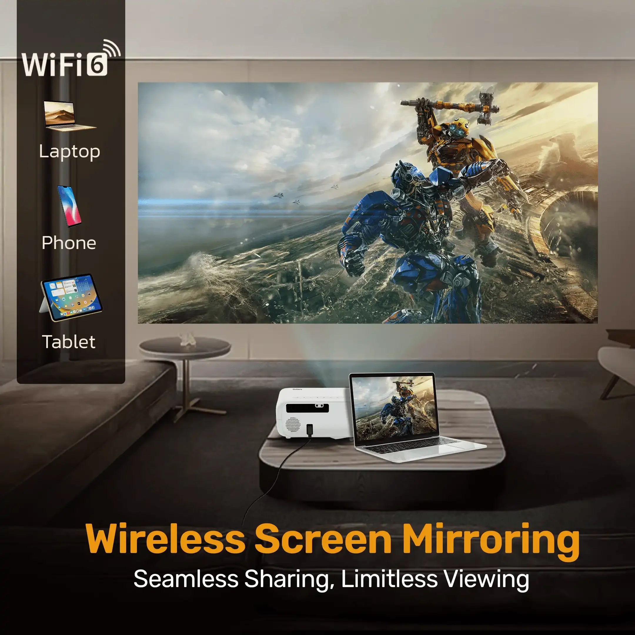 Otek World Galaxy Smart FHD Projector offering 10,000 lumens brightness and 250-inch cinematic display.