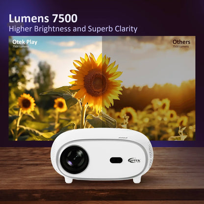 Play Smart FHD Projector in white, delivering stunning visuals with 7500 lumens and 250-inch cinematic display.