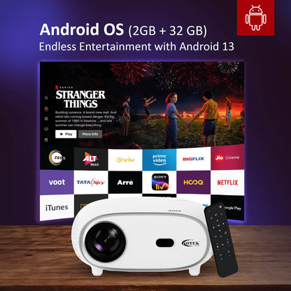 Otek World Play Smart FHD Projector in sleek white, designed for vibrant 1080p visuals and 4K support in any setting.