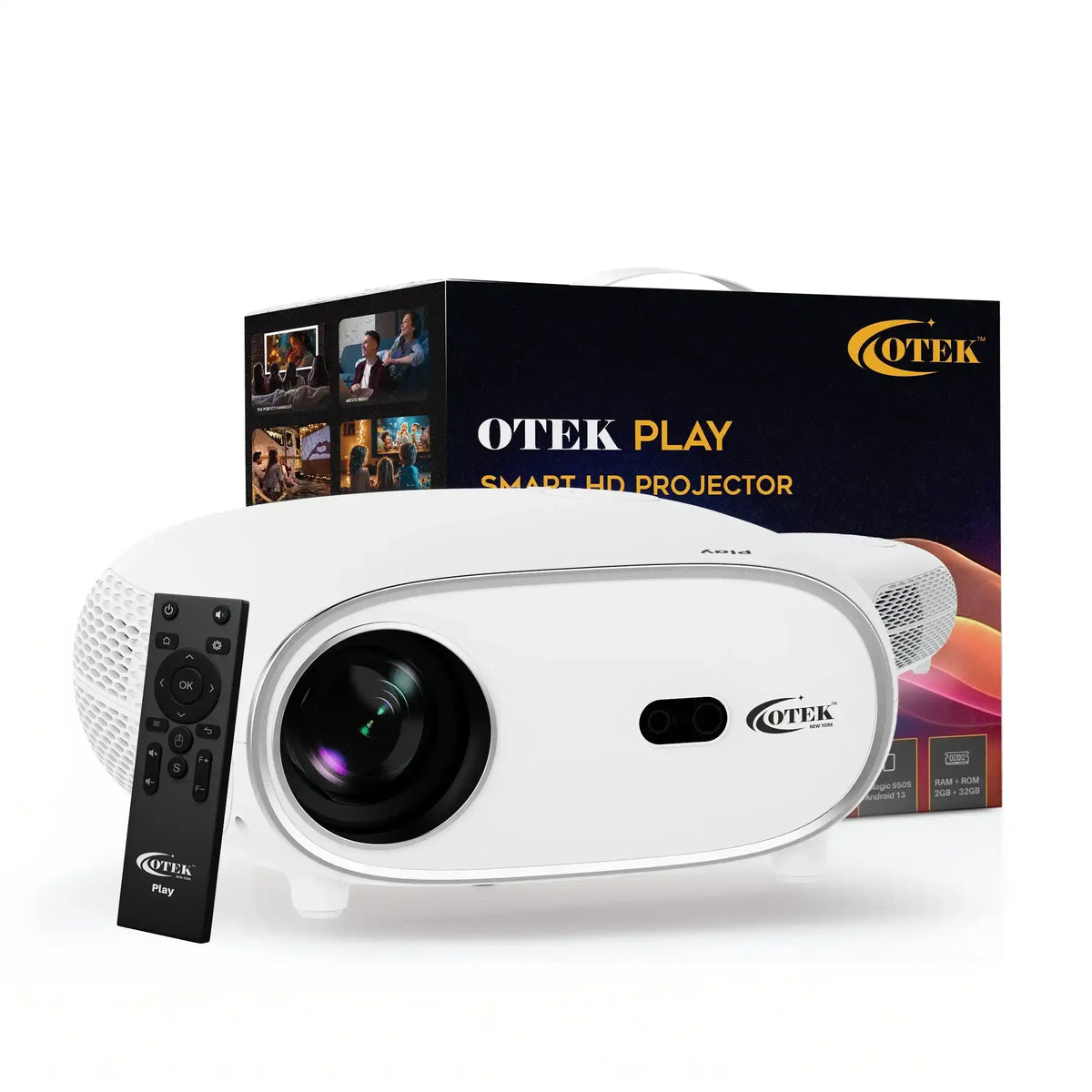 White smart HD projector with remote control and packaging, labeled OTEK Play.