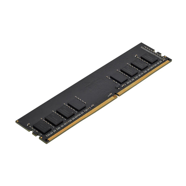 Black desktop RAM module with gold contacts and visible memory chips on white background