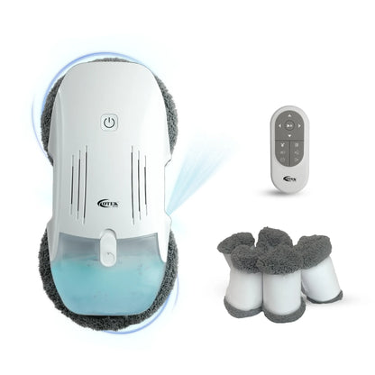 Automatic window cleaning robot with gray pads, remote control, and extra replacement pads