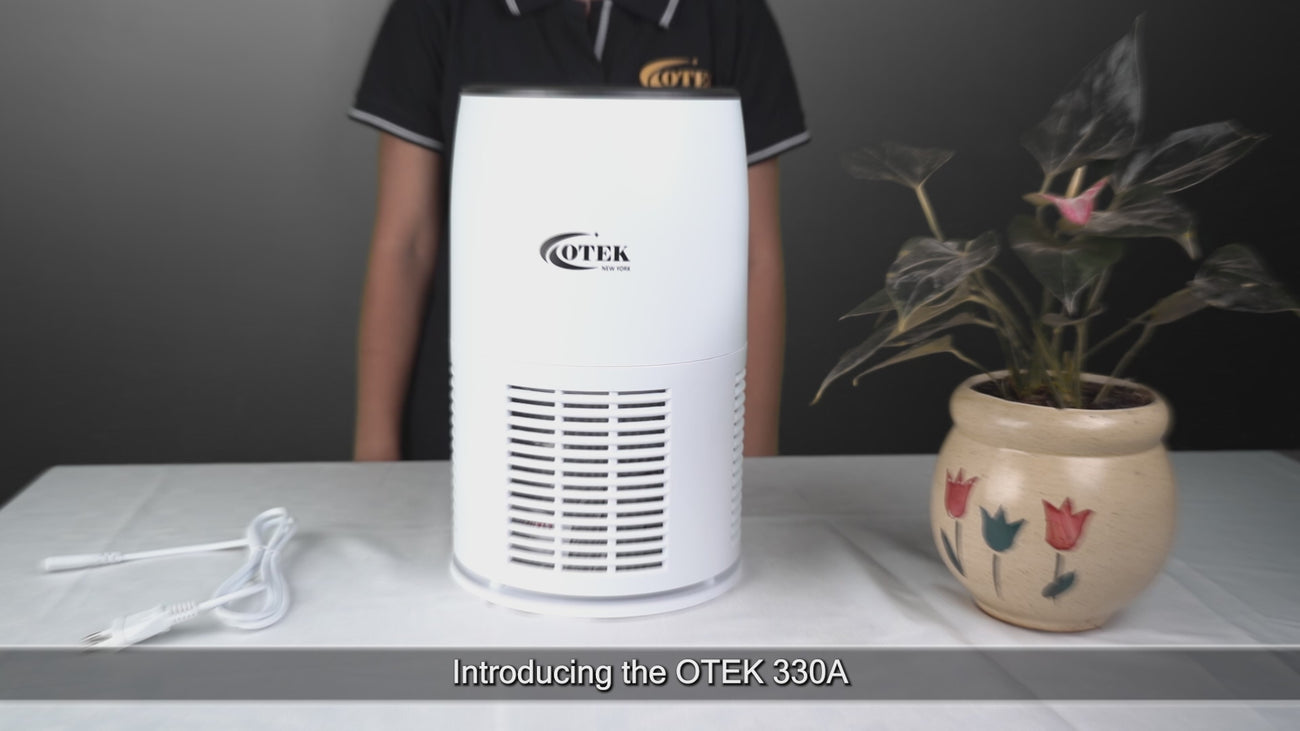 OTEKWORLD air purifier placed in a modern living room, filtering dust, pollen, and allergens